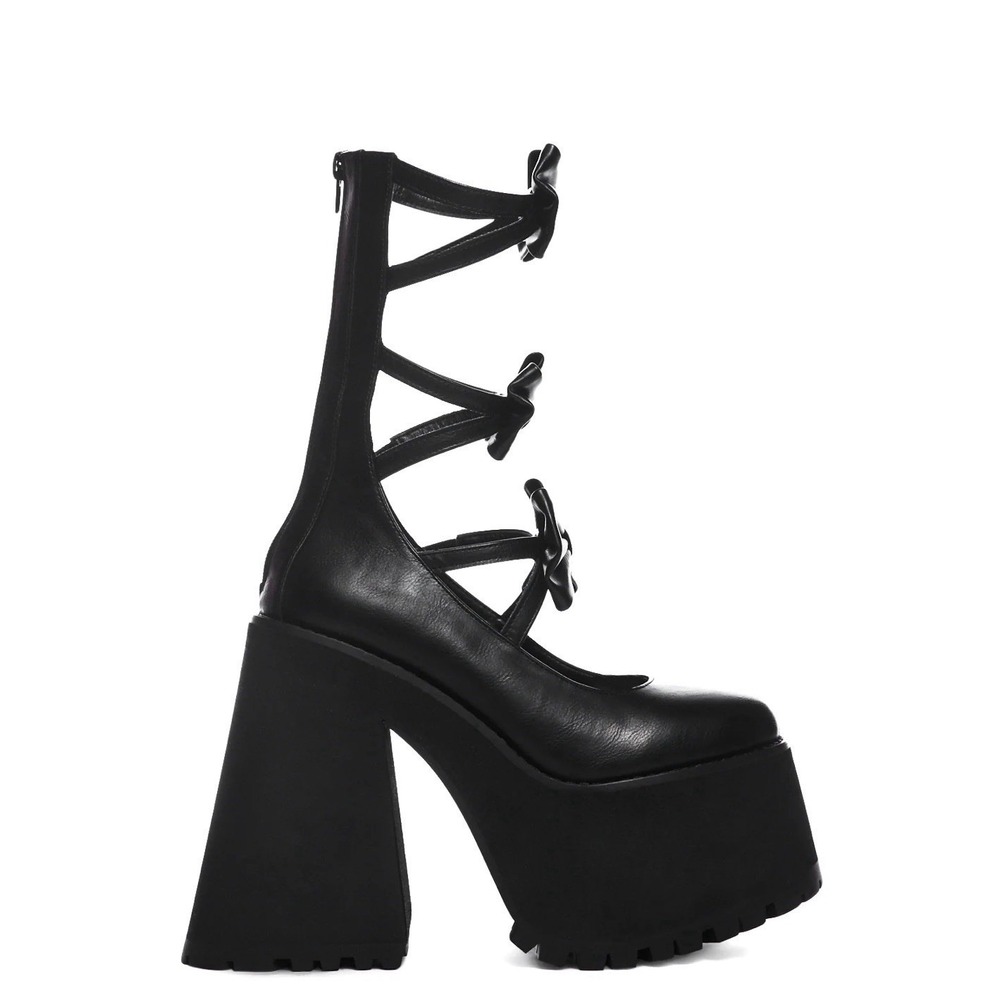 Women's Platform Mary Jane Boots Punk Gothic Babydoll Heeled Bow Straps Zipper 9